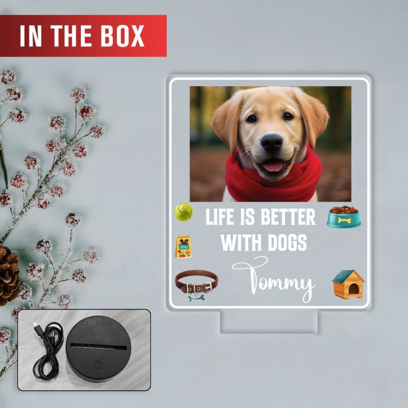 Personalized Dog Photo LED Night Lamp with Custom with Photo & Name, Life is Better with Dogs Quote, Color Changing Acrylic Light with Black Base Gift for Dog Lovers